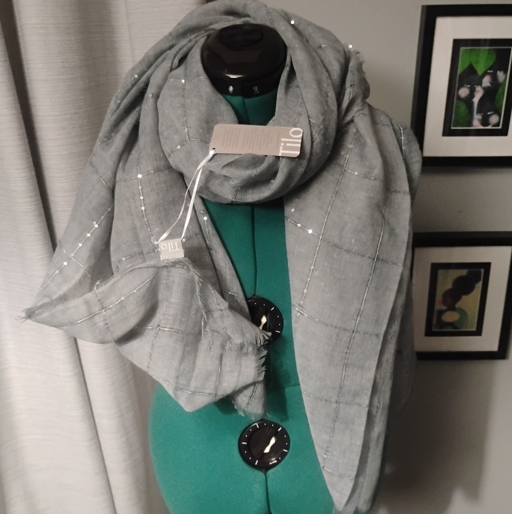 Tilo Twilight Gray Sparkle Lightweight Scarf with Fringe Trim NWT - Picture 7 of 8